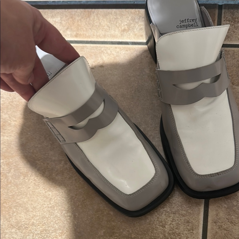 Jeffrey Campbell Wonens White and Gray heeled Loafers